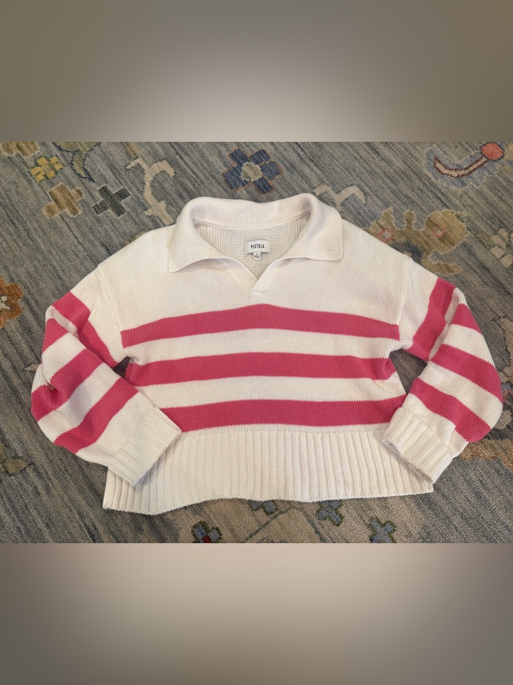 Pistola Women's White & Pink Striped Collared Sweater Crop size Small